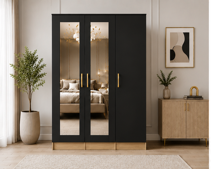 black_oak_front 3 Door Wardrobe with Mirror – Elegant Home 3 Door Mirror Wardrobe - Image 1