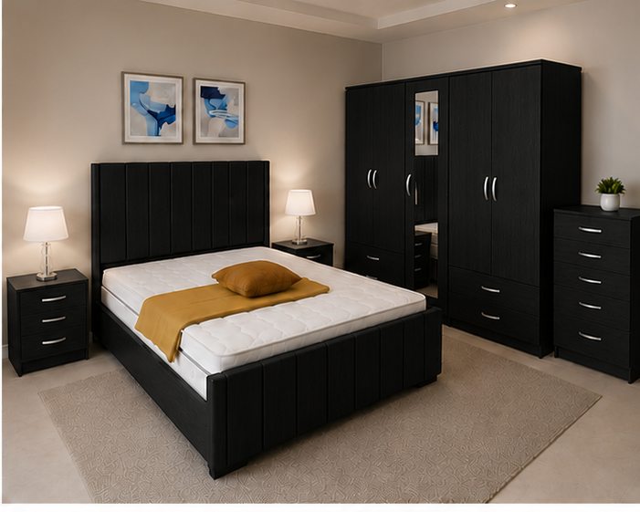 black_right_view (1) Stylish Bedroom Furniture Collection - King Size Bed With Four Door Wardrobe With Four Drawer - Chest of Five Drawers With Two Bed Side Table - Image 1