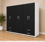 Spacious 6 Door Black Wardrobe - Integrated Double Drawers - Wooden 6 Door Storage Wardrobe