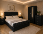 Luxury Black Bedroom Suite – Double Bed, Mirror Front 2 Door Wardrobe, Tall Chest of Drawers & 2 Bedside Units
