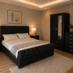 Luxury Black Bedroom Suite – Double Bed, Mirror Front 2 Door Wardrobe, Tall Chest of Drawers & 2 Bedside Units