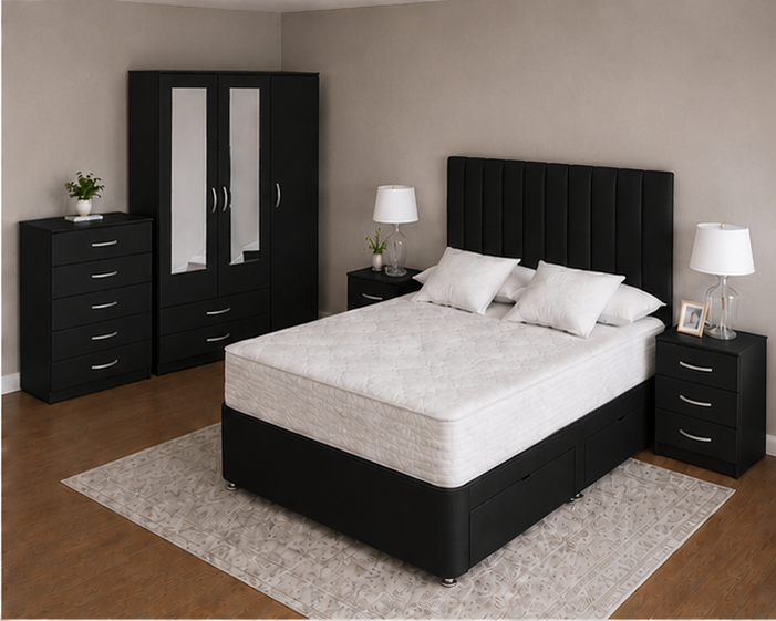 black_top_right Modern 3 Door Black Wardrobe Set - Matching Bed, Chest & Bedside Tables - Image 1