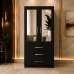Modern Black 2 Door Mirrored Wardrobe with 3 Drawers - Elegant Home Storage Wardrobe with Mirrors