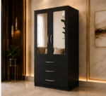 Modern Black 2 Door Mirrored Wardrobe with 3 Drawers - Elegant Home Storage Wardrobe with Mirrors - Image 2