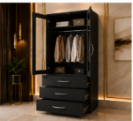 Modern Black 2 Door Mirrored Wardrobe with 3 Drawers - Elegant Home Storage Wardrobe with Mirrors - Image 3