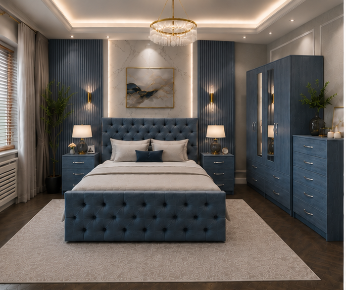 blue_angle_1 Designer Bedroom Set Featuring Tufted Bed, Wardrobe and Chest of Drawers - Image 1