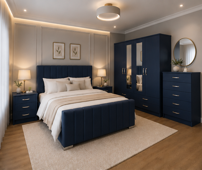 blue_angle_2 Modern Blue Bedroom Set – 4 Door Wardrobe, Chest Drawer & 2 Side Tables - Image 1