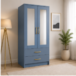 Modern Wooden 2 Door Half Mirror Wardrobe with blue colors - Luxury Two Door Mirror Wardrobe with Drawers - Image 2