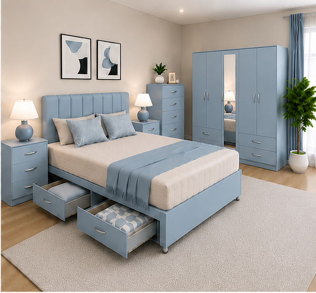 Complete Home Bedroom Suite with Matching Bed and Storage Pieces