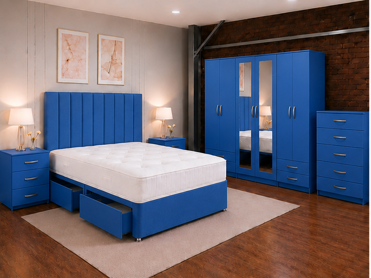 blue_bedroom_angle_1 Premium King Size Bed Bedroom Set - Six Door Wardrobe With Four Drawer - Chest of Five Drawers With Two Bed Side Table - Image 1