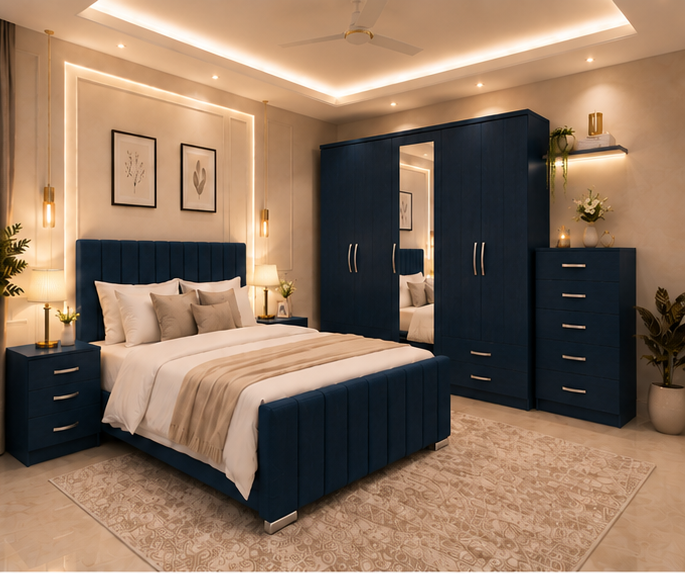 blue_bedroom_angle_2 Designer Bedroom Furniture Package With Chest Of Drawer, Side Tables & Bed - Image 1