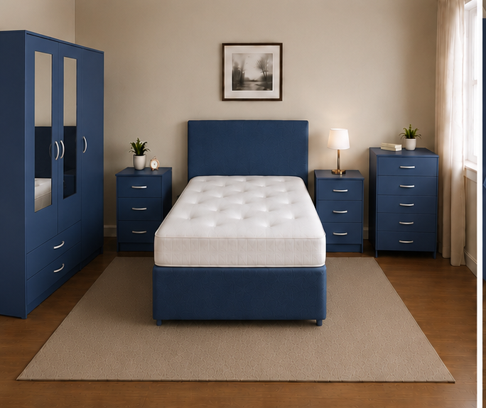 blue_bottom_left Contemporary Blue Bedroom Collection - Wardrobe, Chest of Drawers & Bed - Image 1