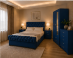 Complete Blue Bedroom Storage Set – Double Bed, 2 Door Wardrobe with Mirror & Drawers, 5 Drawer Chest and Bedside Tables - Image 2
