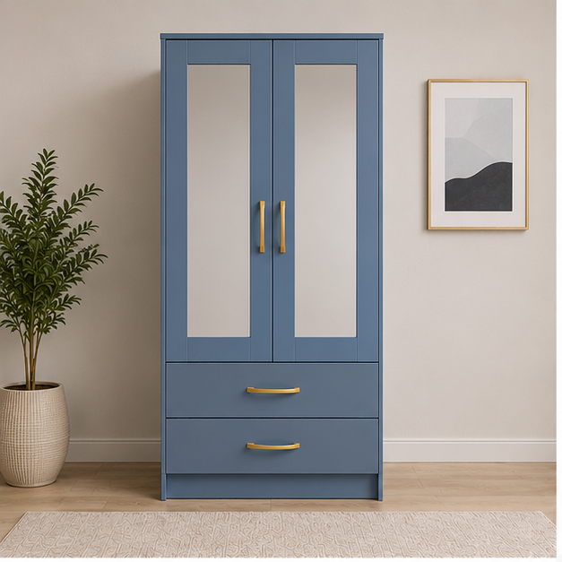 blue_front_view (2) Modern Wooden 2 Door Half Mirror Wardrobe with blue colors - Luxury Two Door Mirror Wardrobe with Drawers - Image 1