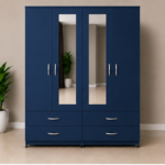 premium blue Bedroom Wardrobe – 4 Doors, 4 Drawers & 2 Mirrors - Elegant 4 Door Wardrobe with Dual Mirrors