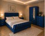 Complete Blue Bedroom Storage Set – Double Bed, 2 Door Wardrobe with Mirror & Drawers, 5 Drawer Chest and Bedside Tables