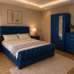 Complete Blue Bedroom Storage Set – Double Bed, 2 Door Wardrobe with Mirror & Drawers, 5 Drawer Chest and Bedside Tables