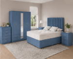 Complete Bedroom Furniture Package – King Size Bed, 5 Door Full Mirror Wardrobe with Four Bottom Drawers, Five Drawer Chest & Two Bed Side Tables