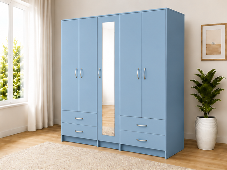 blue_wardrobe_angle 5 Door Wardrobe with Full Mirror & 4 Drawers - Luxury 5 Door Wardrobe - Image 1