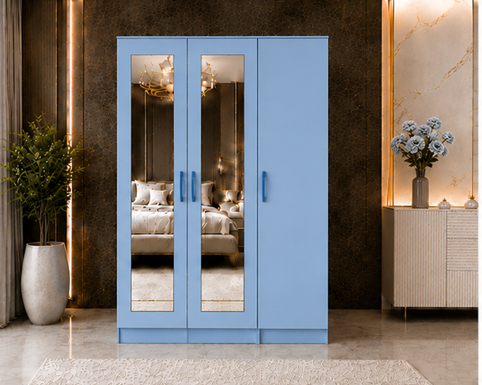 blue_wardrobe_front Luxury Three Door Wardrobe with Two Full Mirrors - Image 1