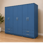 6 Door Hinged Blue Wardrobe - Premium Wooden 6 Door Wardrobe with 4 Drawer Storage