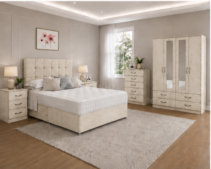 Classic Vintage Color Bedroom Furniture Set -  4 Door Storage Wardrobe, Bed Side Tables, Chest of Drawers