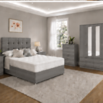 Complete Modern Grey Color Bedroom Set with Wardrobe, Chest & Side Tables