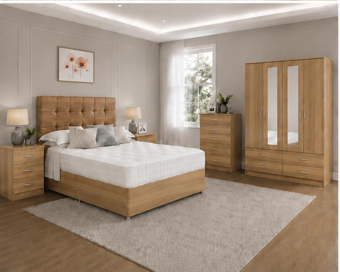 Premium Oak Bedroom Set with Chest of Drawers & Side Tables, Wardrobe