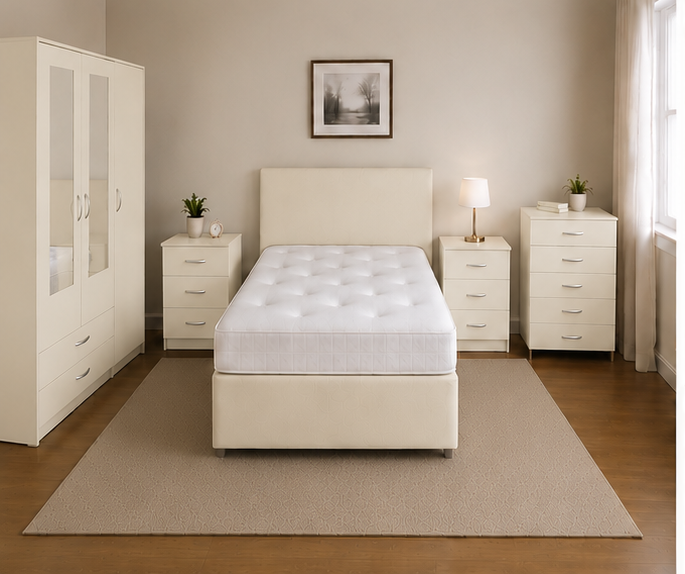 bottom_left(3) Complete Cream Bedroom Suite - 3 Door Wardrobe with Chest Drawers & Bed Side Tables - Image 1