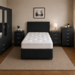 Luxury Black Bedroom Set - Mirror Wardrobe & Bedside Cabinets