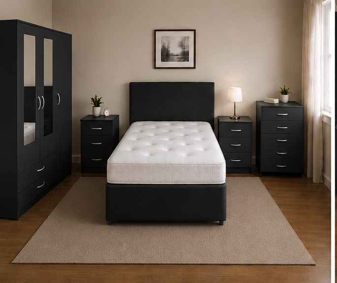 bottom_left(4) Luxury Black Bedroom Set - Mirror Wardrobe & Bedside Cabinets - Image 1