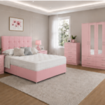 Designer Pink Bedroom Set with Bedside Tables & Storage Chest , 4 Doors Wardrobe with Mirror