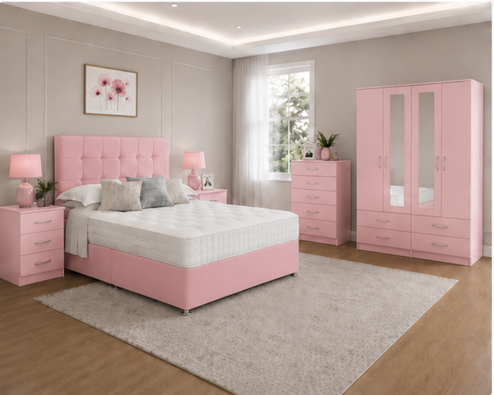 Designer Pink Bedroom Set with Bedside Tables & Storage Chest , 4 Doors Wardrobe with Mirror