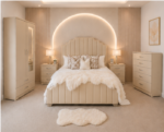 Elegant Beige Double Bed Bedroom Set – 2 Door Mirrored Wardrobe with Drawers, 5 Drawer Chest of Drawers & Matching Bedside Tables