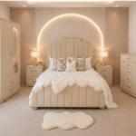 Elegant Beige Double Bed Bedroom Set – 2 Door Mirrored Wardrobe with Drawers, 5 Drawer Chest of Drawers & Matching Bedside Tables