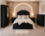 Modern Double Bedroom Furniture Set – Double Bed, 2 Door Mirror Wardrobe with 2 Drawers, 5 Drawer Chest & Bedside Tables