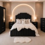 Modern Double Bedroom Furniture Set – Double Bed, 2 Door Mirror Wardrobe with 2 Drawers, 5 Drawer Chest & Bedside Tables