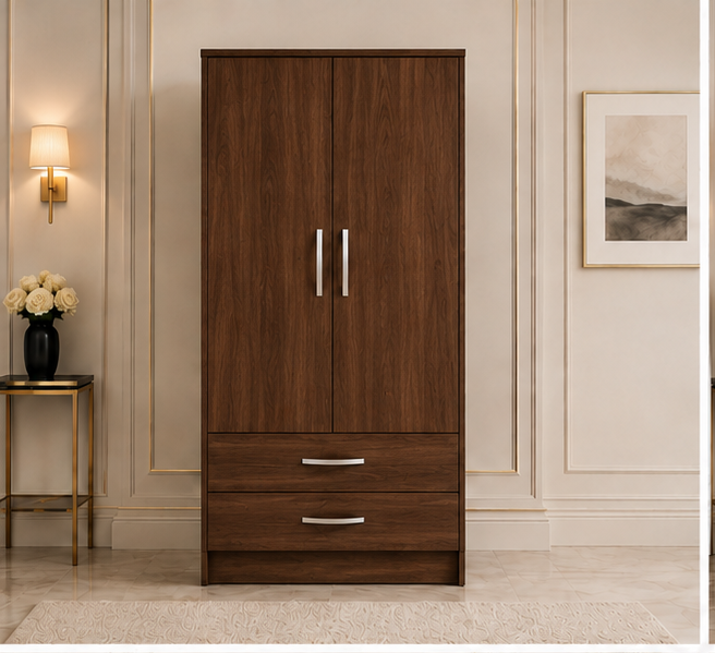 brown_front_view Premium 2 Door Wardrobe with Hanging Rail with walnut colors wardrobe - Stylish Two Door Storage Wardrobe - Image 1