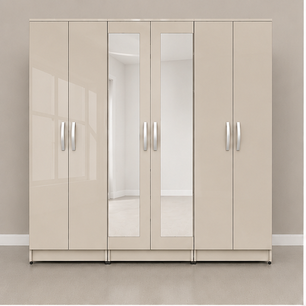 cashmere_gloss_view_1 6 Door Bedroom Cashmere Gloss Wardrobe with Full Mirrors - Modern Wooden 6 Door Wardrobe - Image 1