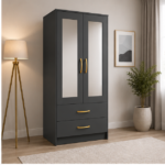 Bedroom Storage Wardrobe with Half Mirror Design - Smart Storage Two Door Wardrobe with Mirrors - Image 2