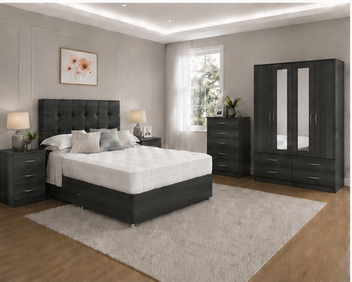 Stylish Charcoal Color Bedroom Collection with 4 Door Wardrobe - Bedside Cabinets, Chest of Drawers