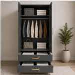 Bedroom Storage Wardrobe with Half Mirror Design - Smart Storage Two Door Wardrobe with Mirrors - Image 3