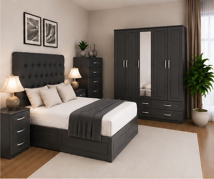 charcoal_top_right Contemporary Bedroom Set with Bed and Coordinated Storage Units - Image 1