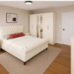 Elegant Wooden Furniture Set - Sleigh Bed With Bed Side Table & 6 Door With Mirror Wardrobe - Chest Of 5 Drawers