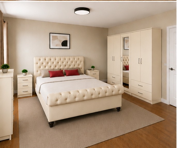 cream_bedroom_3 (1) Luxury Double Bed Furniture Set - Five Door Wardrobe With One Mirror And Four Bottom Drawers - Chest of Five Drawers With Two Bed Side Tables - Image 1