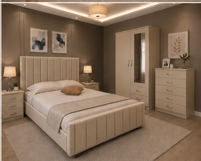 cream_bedroom_angle_4 Elegant Bedroom Package with Storage Wardrobe & Drawers - Image 1