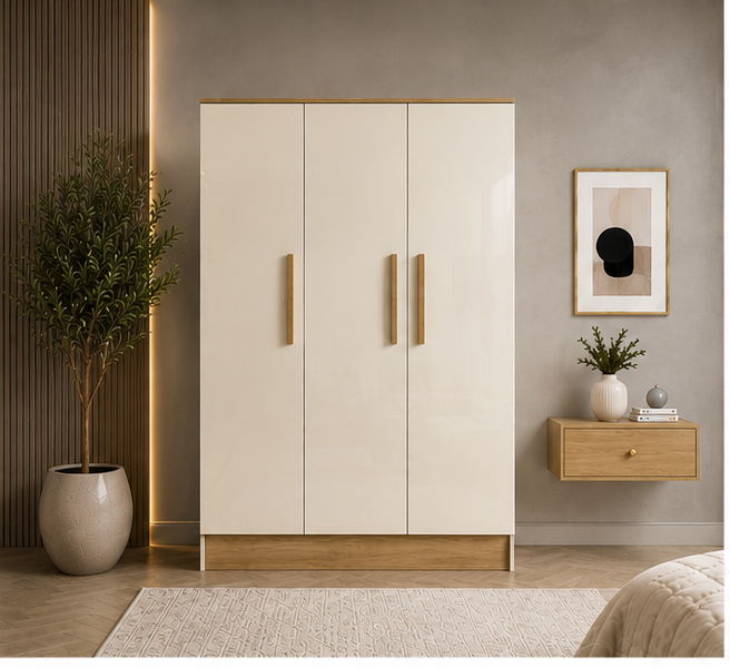 cream_oak_front_view Stylish 3 Door Wardrobe with Hanging Space and Shelves - Premium 3 Door Wooden Wardrobe - Image 1