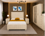 Stylish Complete Cream Color Bedroom Suite - with Mirrored Wardrobe, Side Tables & Chest of Drawers - Image 2