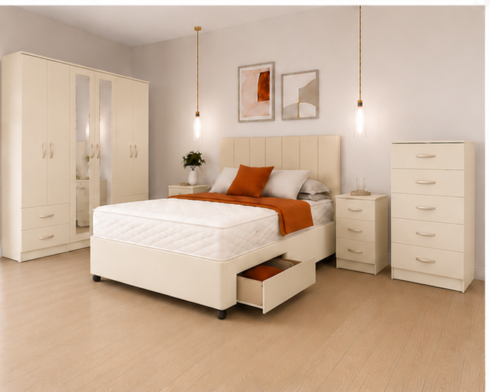 Contemporary King Size Bedroom Bundle – Storage Bed Frame – 6 Door Wardrobe – Chest of 5 Drawers – 2 Side Cabinets