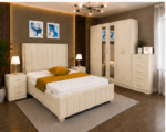 Stylish Complete Cream Color Bedroom Suite - with Mirrored Wardrobe, Side Tables & Chest of Drawers